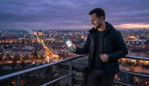 A solo male traveler looking confident while checking a safety app on his phone during sunset.