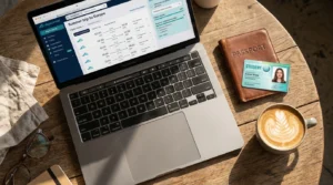 Close up of a laptop showing flight price comparisons and a student ID card on a wooden desk.