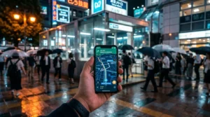 A student holding a phone displaying an offline map while standing in front of a train station.