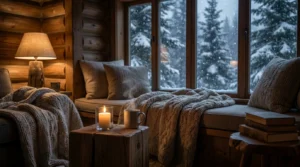 Cozy cabin interior with candlelight and wool blankets representing hygge travel experiences accommodation