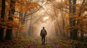 Solo traveler on slow autumn forest walk representing hygge travel experiences in nature