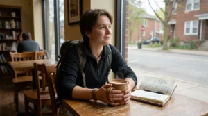 Student traveler enjoying slow hygge travel experience at a cozy local cafe with coffee and travel journal