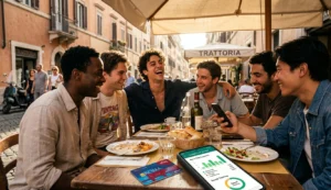 A group of diverse student friends at a restaurant, one person using a phone to log expenses.
