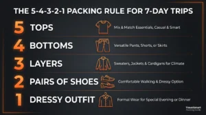 5-4-3-2-1 travel packing rule infographic for 7-day trips showing clothing breakdown
