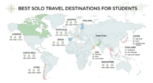 world map showing best solo travel destinations for students in europe asia and america