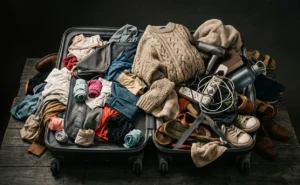 Overpacked suitcase showing common travel packing mistakes students should avoid