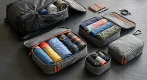 Compression packing cubes flat lay showing organized travel packing tips for carry-on travel