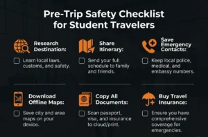 Pre-trip travel safety checklist infographic for student travelers