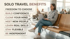 benefits of solo travel for students infographic showing independence confidence and skills