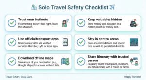 solo travel safety checklist infographic with essential safety tips for students