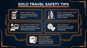 Solo travel safety tips infographic showing five essential safety practices for student travelers