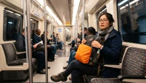 Student traveler on metro train following transportation safety tips