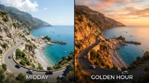 Golden hour vs midday light comparison showing travel photography tips for best shooting times