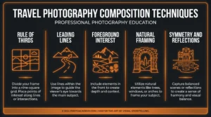 Travel photography composition techniques infographic showing rule of thirds leading lines and natural framing