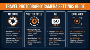 Travel photography camera settings cheat sheet showing aperture shutter speed ISO and focus mode guide