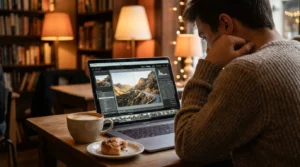 Student editing travel photography on Lightroom following travel photography tips for editing workflow