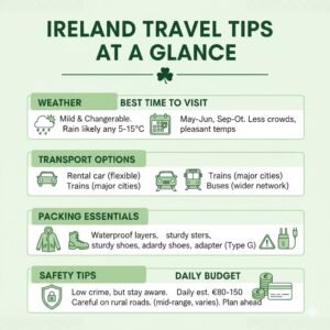 ireland travel tips infographic covering weather transport packing and costs