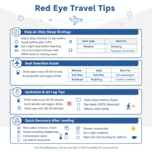 Infographic showing top red eye travel tips including sleep strategy, hydration, seat selection, packing, and jet lag recovery