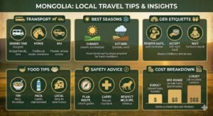 local travel tips Mongolia infographic showing transport, food, ger etiquette, and safety