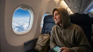 Student sitting alone in airplane window seat with offline maps following solo air travel safety tips for students