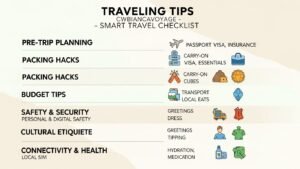 “Infographic of traveling tips cwbiancavoyage including planning, packing, budget, safety, and cultural advice”