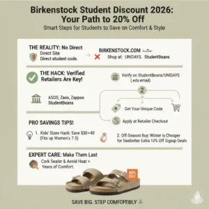 Step-by-step infographic showing how to get a Birkenstock student discount using StudentBeans and UNiDAYS, featuring the kids' size saving hack.