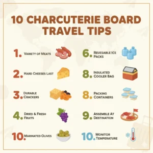 Infographic showing 10 expert charcuterie board travel tips for packing, carrying, and enjoying snacks fresh anywhere.