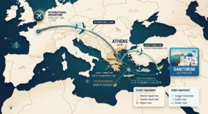 Flight route from Athens to Santorini showing cheaper travel strategy