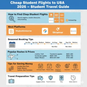 "Infographic showing tips, platforms, seasonal trends, prices, and money-saving strategies for cheap student flights to the USA in 2026."