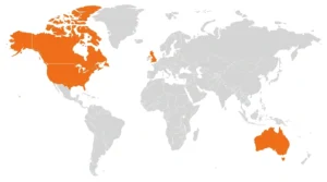 World map showing countries where Crunchyroll student discount is available — US, UK, Canada, and Australia highlighted in orange