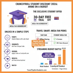Infographic showing the 4-step process to claim a Crunchyroll student discount in 2026.