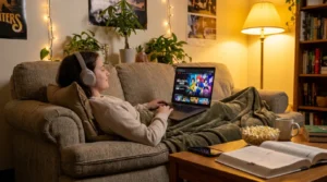 Student watching anime on Crunchyroll with headphones showing student streaming discount guide