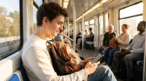 Student traveler on metro with offline maps following traveling tips cwbiancavoyage budget travel strategies