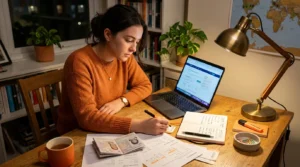 Student planning trip with documents and checklist following traveling tips cwbiancavoyage pre-trip preparation