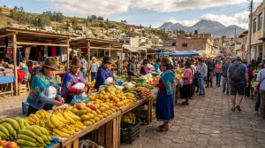 Colorful Ecuadorian local market with indigenous vendors and fresh produce for Ecuador local travel tips