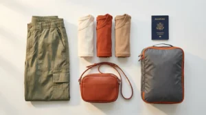 Travel-friendly Edikted style clothing flat lay showing packable student fashion for travel
