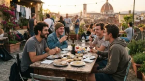 Student travelers sharing a budget picnic spread on a hostel rooftop