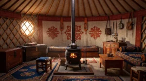 Traditional Mongolian ger interior with felt walls iron stove and colorful textiles for local travel tips Mongolia