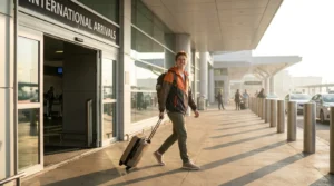 Student traveler stepping into morning sunlight after red eye flight following recovery tips