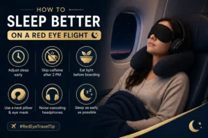 Simple infographic showing red eye travel tip for better sleep on flights including eye mask, neck pillow, avoiding caffeine, and sleeping early