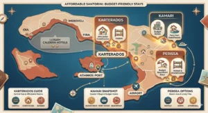 Affordable areas in Santorini including Perissa, Kamari, and Karterados
