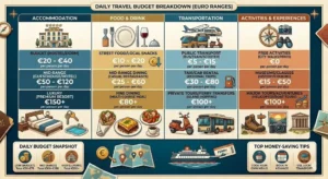 Daily budget breakdown for Santorini travel including accommodation food transport and activities