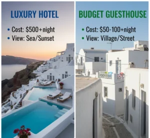 Santorini budget travel infographic comparing luxury hotel and budget guesthouse