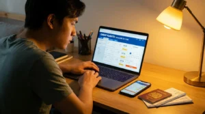 Student comparing cheap student flights to USA 2026 on laptop flight booking website