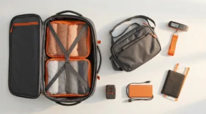 Student carry-on bag packed with packing cubes and luggage scale showing air travel safety tips for baggage
