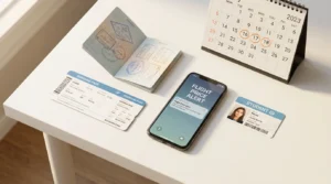 Student flight booking essentials showing passport boarding pass and mid-week calendar for cheap student flights to USA