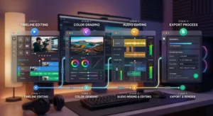 Student editing video using DaVinci Resolve workflow including timeline color grading and export