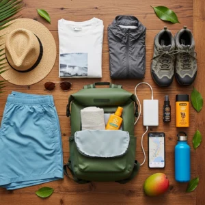 “Flat lay of student travel essentials for Chiang Mai in June: lightweight clothes, rain jacket, waterproof shoes, small waterproof backpack, sunscreen”