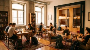 Students staying in a modern hostel in Lisbon Portugal