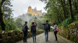 Students visiting Pena Palace in Sintra on a day trip from Lisbon